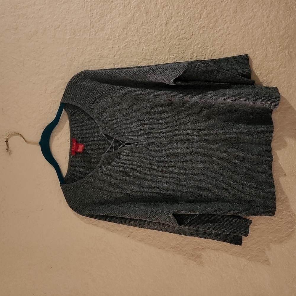 Women's Aline Heathered Blue long sleeve sweater with lace up detail on neck